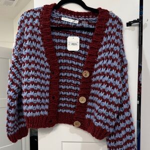 NWT Chunky Knit Burgundy and Blue cardigan